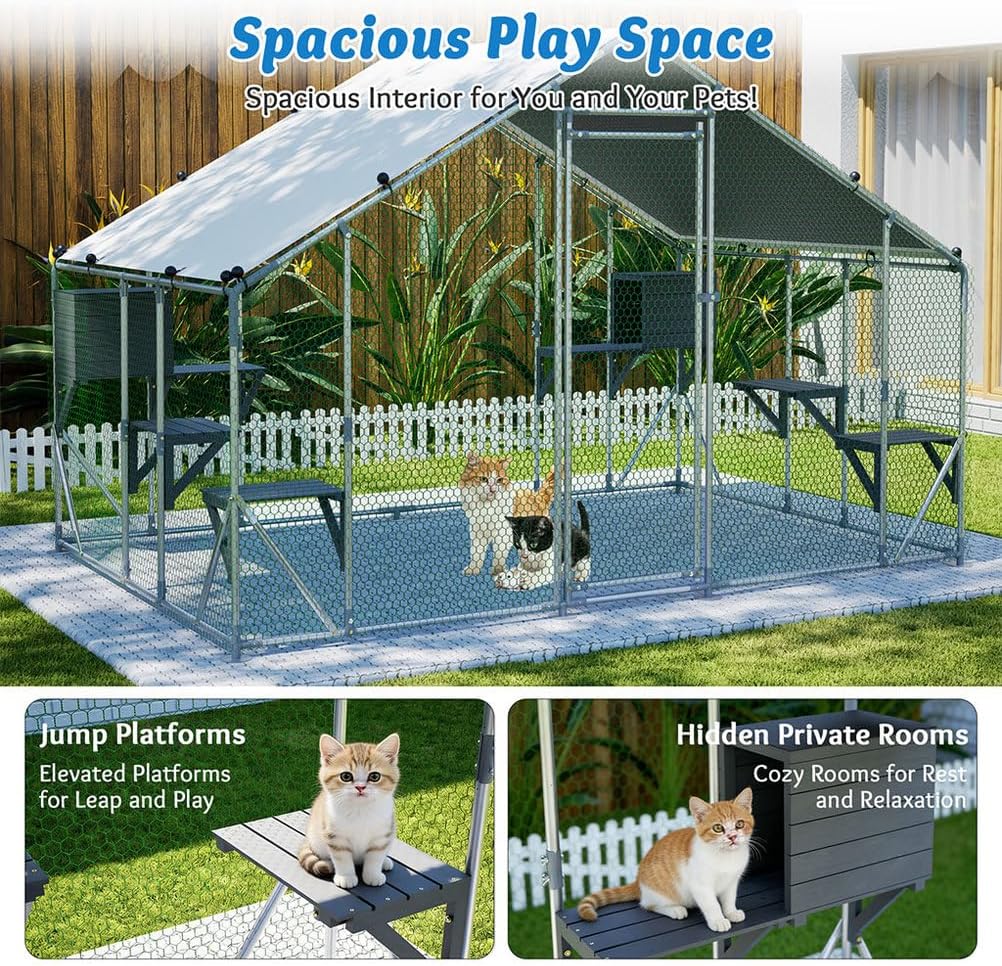 Large Outdoor Catio Cat Enclosure, 122" Metal Cat Run with Platforms, Walk-in Pet Cage with Waterproof Roof Cover