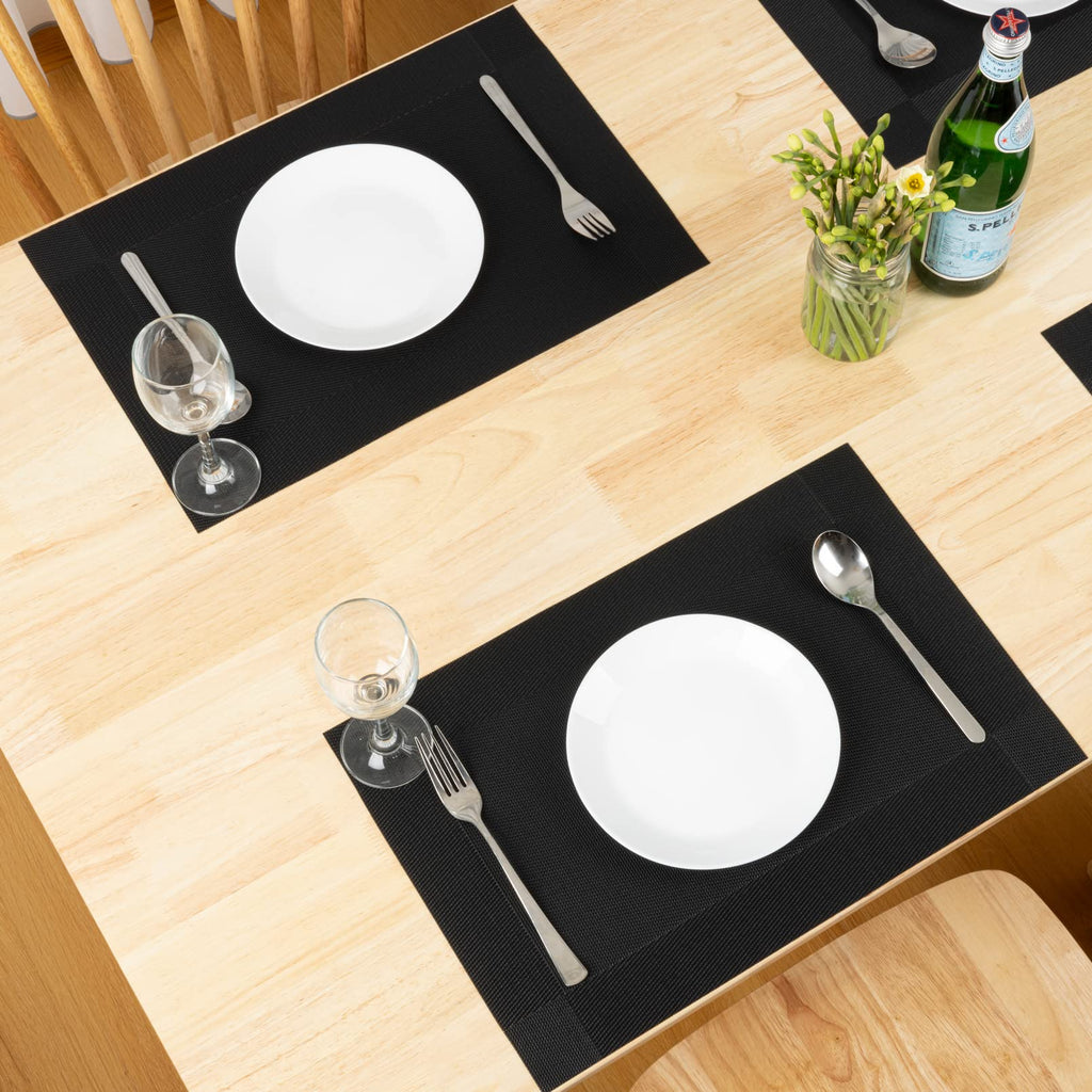 Placemats Set of 4, Washable Vinyl Woven Placemats, Heat Resistant & Wipeable Table Mats Dining Table (Black)