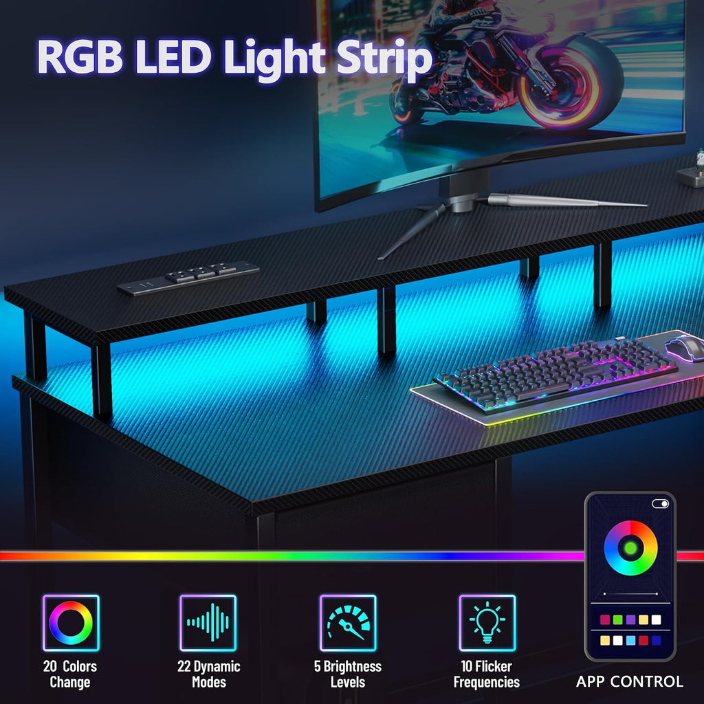 47 Inch Computer Gaming Desk with Power Outlets & LED Lights Reversible Home Office Desk with Adjustable 5 Fabric