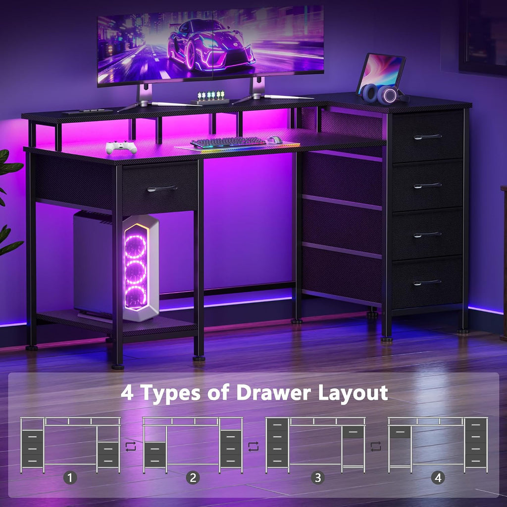 47 Inch Computer Gaming Desk with Power Outlets & LED Lights Reversible Home Office Desk with Adjustable 5 Fabric