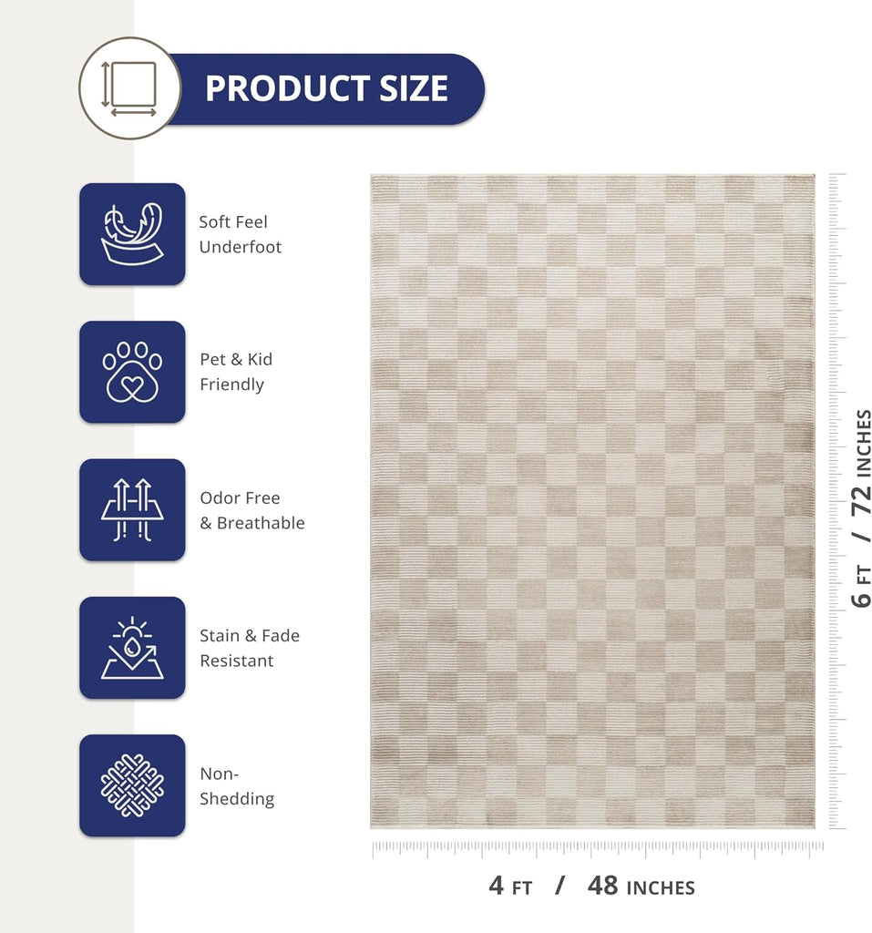 Plush Deco Collection Cream Area Rug - Checkered Pattern, Machine Washable, Non-Shedding, Easy to Clean