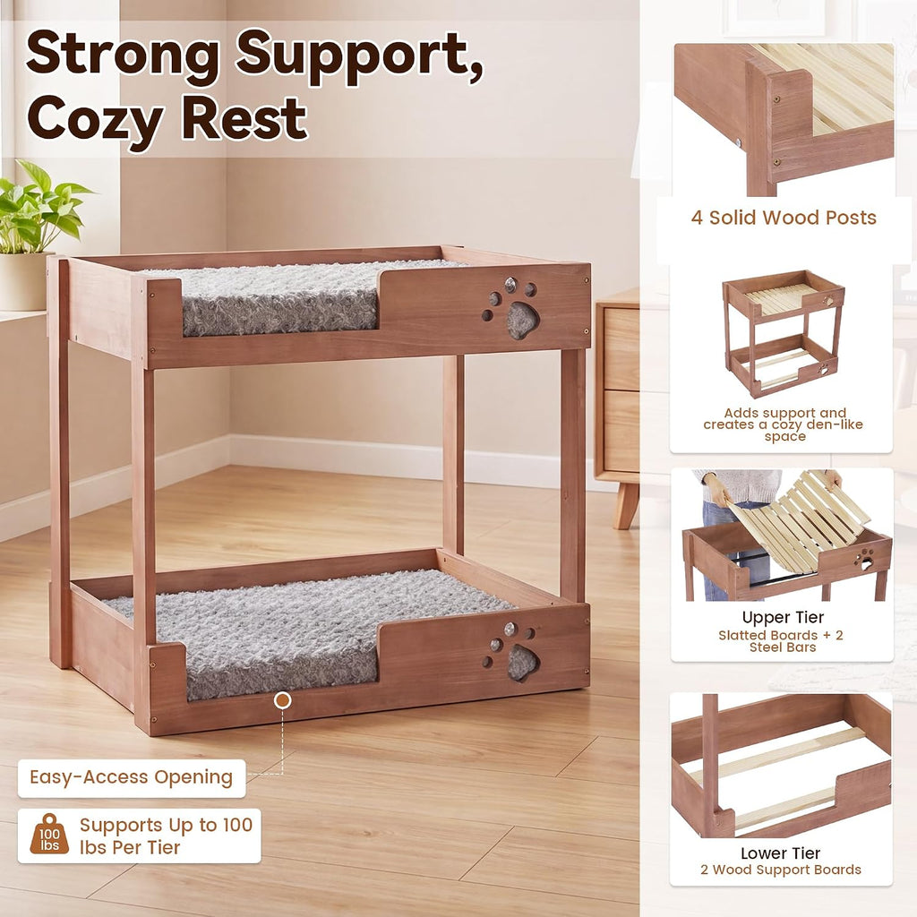 Wooden Bunk Dog Bed with 2 Memory Foam Beds