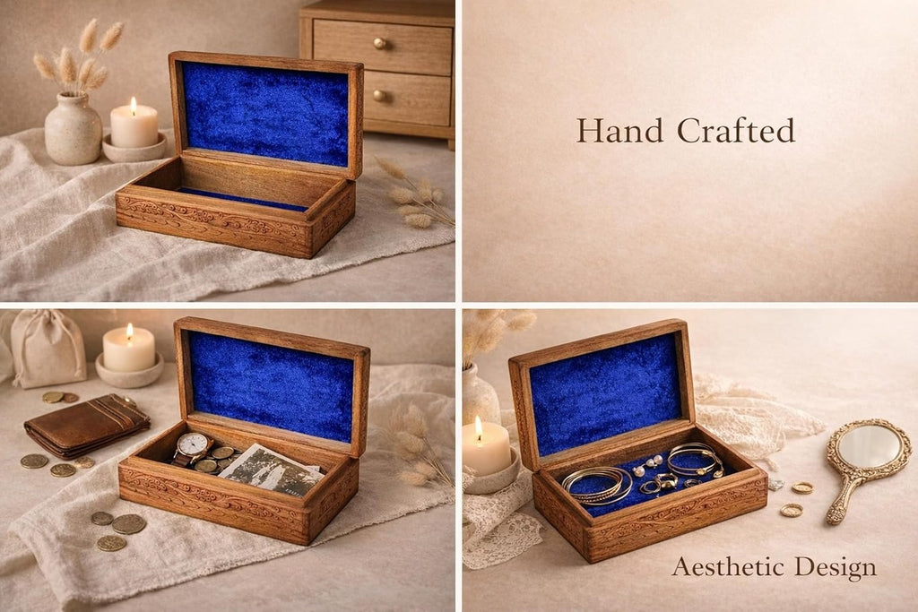 Hand Carved Wooden Memory Box - Decorative Wooden Keepsake Storage Box for Jewelry, Watches, Coins & Trinkets