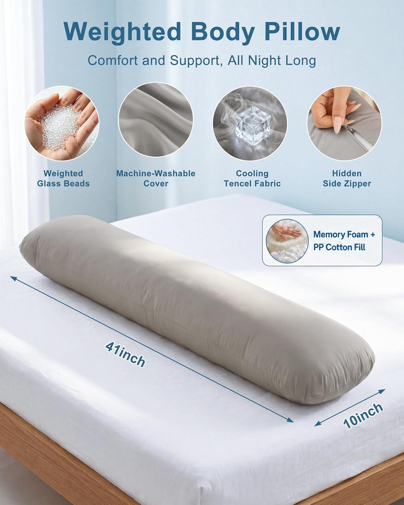 Weighted Body Pillow 6.5lbs Cooling Body Pillow (41" x 10") | Filled with Glass Beads Support for Deeper Sleep &