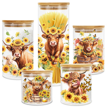 5 Pack Highland Cow Sunflower Glass Storage Jars with Airtight Lid Watercolor Cattle Floral Decorative Canisters Sets