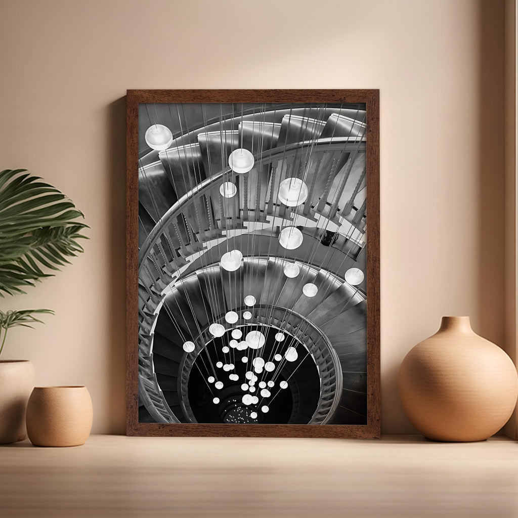 Master Spiral Staircase Poster - Architecture Print - Stairs Design - Hanging Lights - Black and White Photography