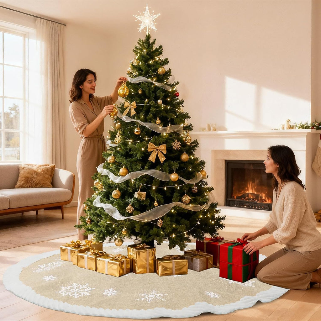 72 inch Christmas Tree Skirt, Burlap Tree Skirt for 7.5 ft Tree to 12 ft Tree, Large Snowflake Tree Skirt with Faux