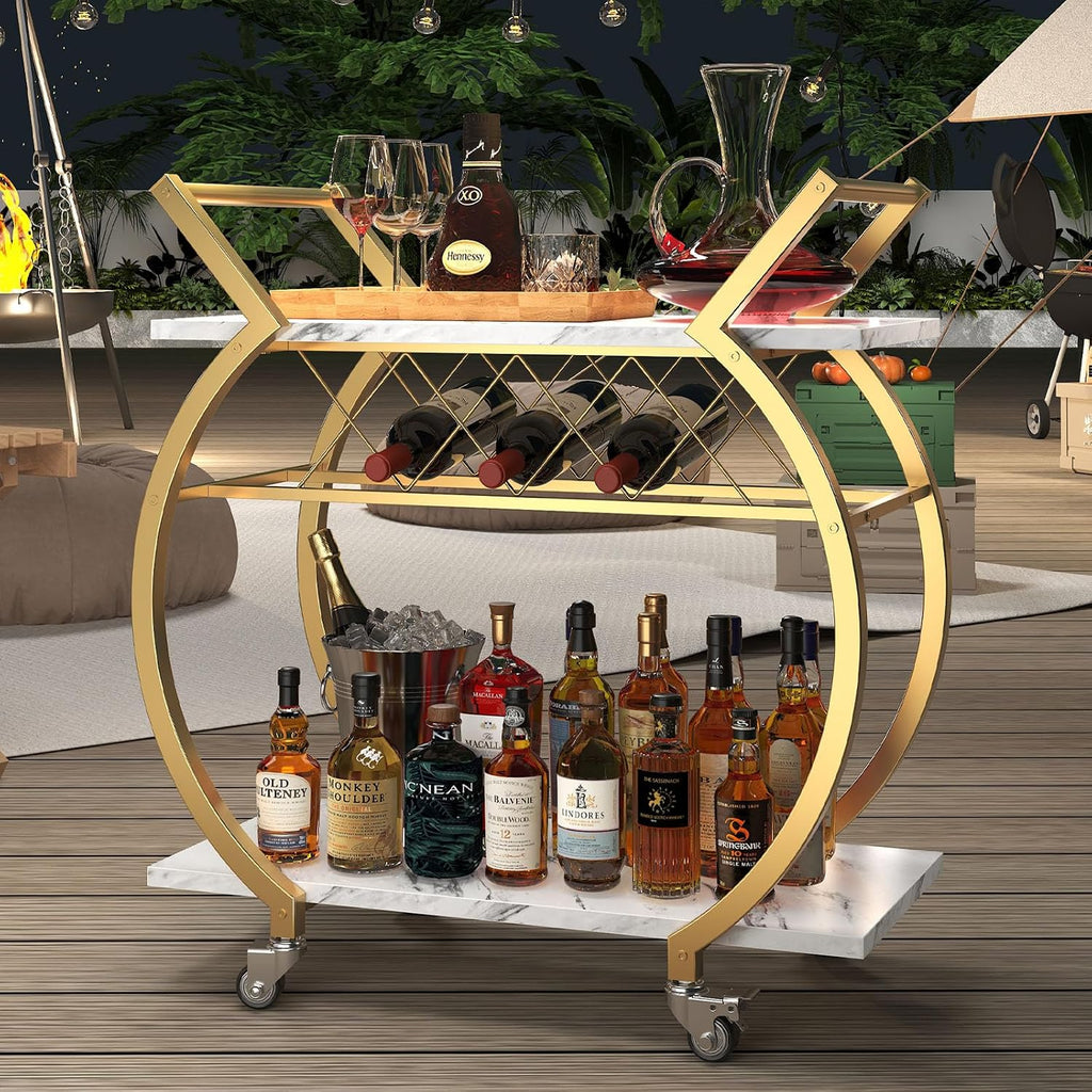 Gold Bar Cart with Wheels, Modern White Marble Home Bar Serving Cart | Drink Cart with Wine Rack, Metal Wooden