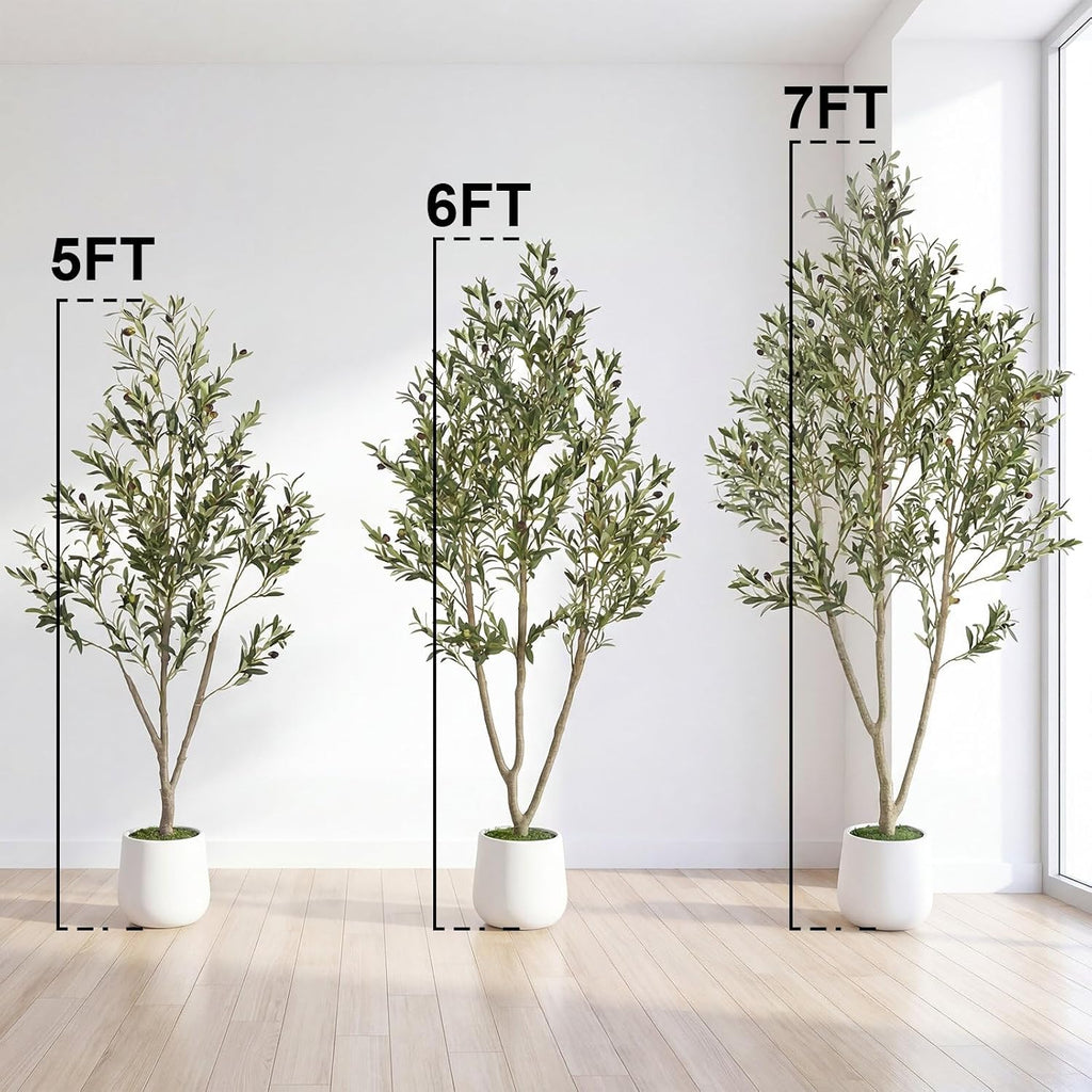 7FT Artificial Olive Tree Indoor with White Pot Tall Planter, Faux Olive Tree with Natural Wood Trunk and Lifelike