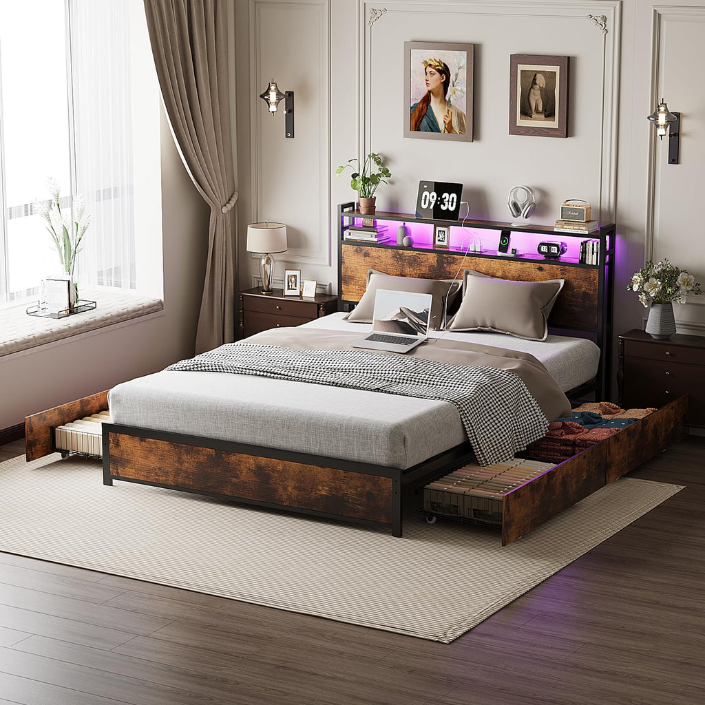 King Bed Frame with 4 Storage Drawers and Adjustable Headboard Shelf, Metal Platform Captain Bed with Charging