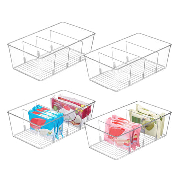 4 Pack Food Storage Organizer Bins, Clear Plastic, 4 Compartments