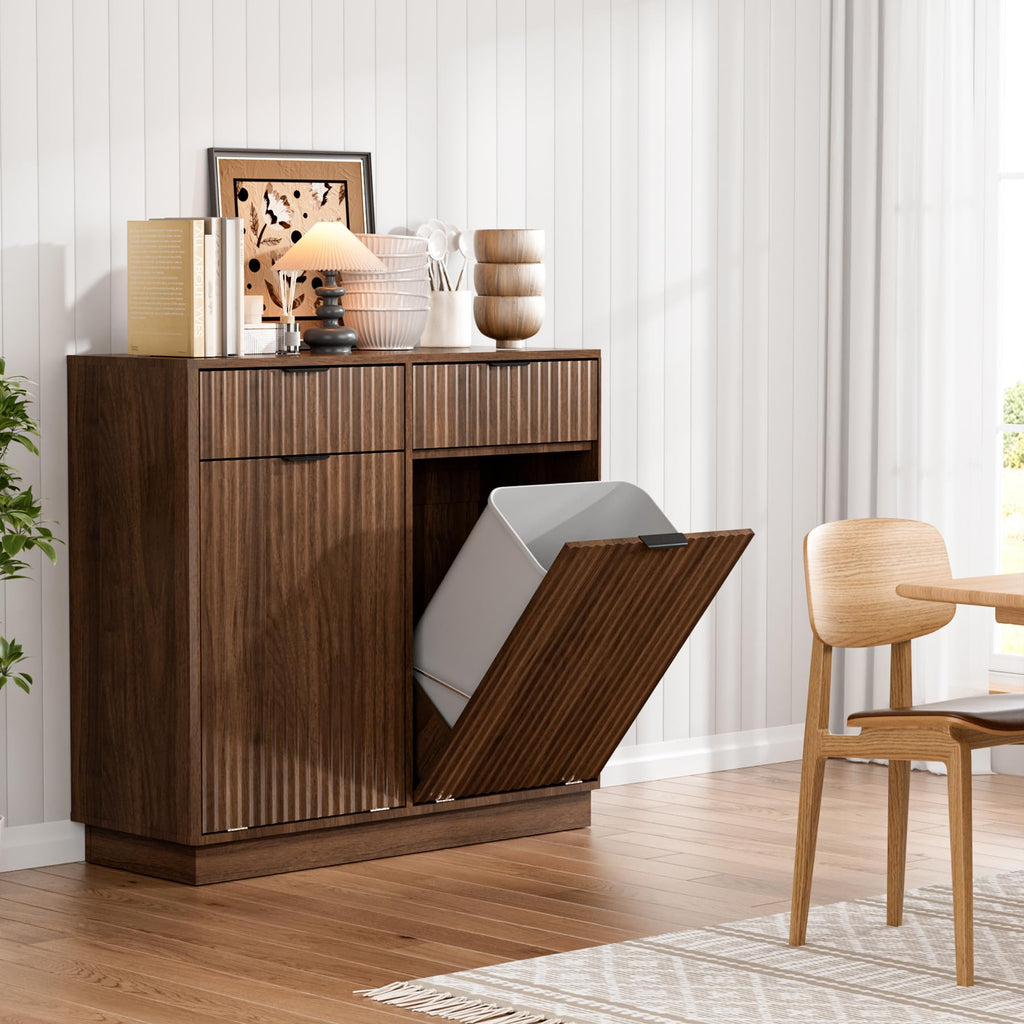 Double Tilt Out Trash Can Cabinet, Hidden Trash Cabinet with Storage Drawers, Walnut Laundry Hamper Cabinet with