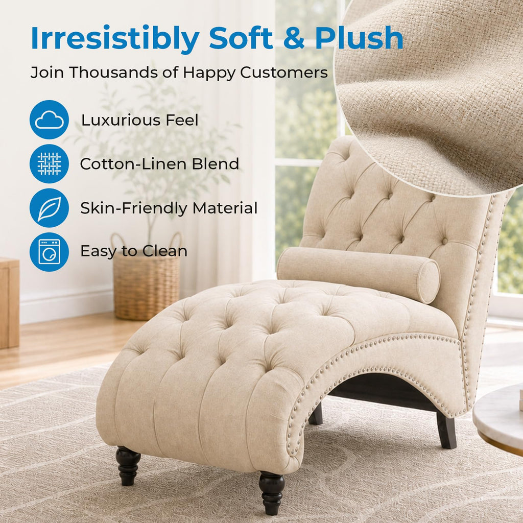Tufted Chaise Lounge Chair Indoor, Beige Linen with Pillow & Nailhead Trim