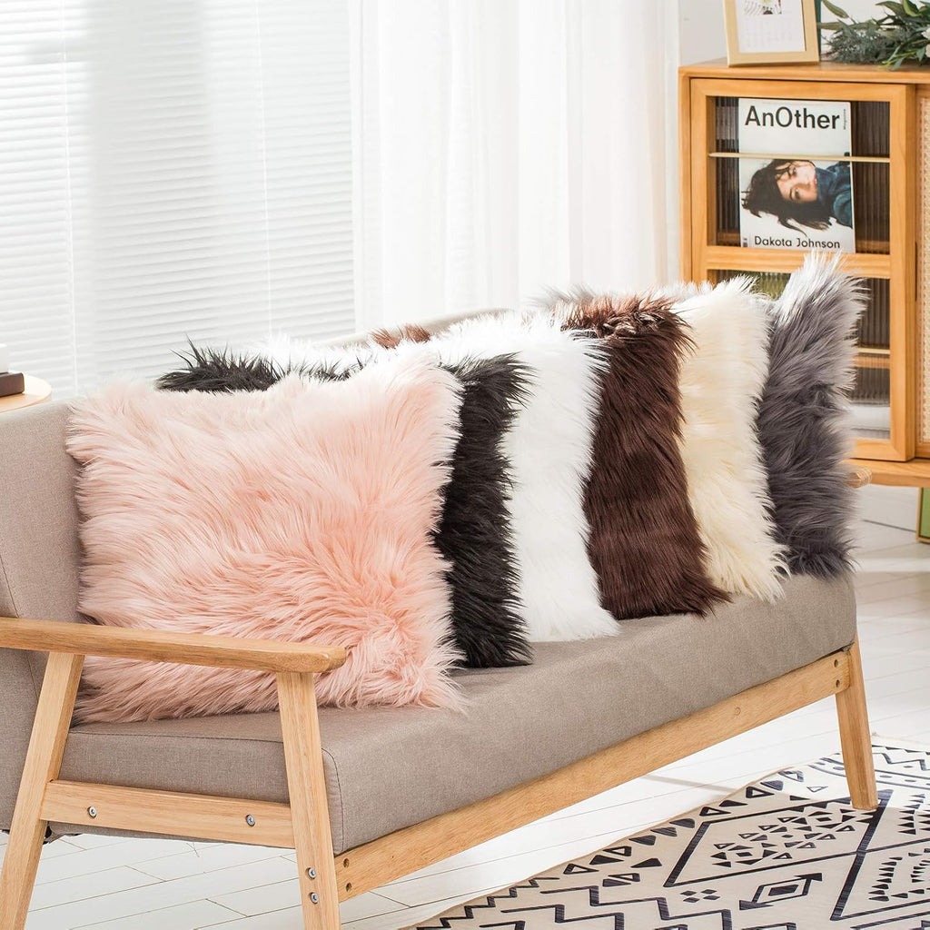 Set of 2 Decorative Faux Fur Throw Pillow Covers, White Fluffy Soft Fuzzy Square Cushion Cover Pillow Case, Chair