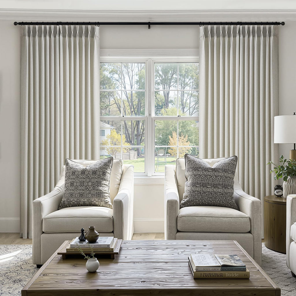 Grey Beige Pinch Pleated Linen Curtains 102 Inches Long 2 Panels