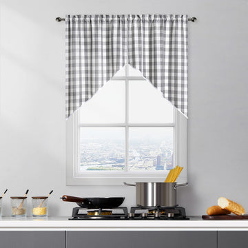 Grey Plaid Cafe Curtains Swag Kitchen Curtain Valance 36 Inch