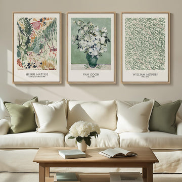 Large Framed Van Gogh Sage Green Canvas Wall Art, 3 Piece
