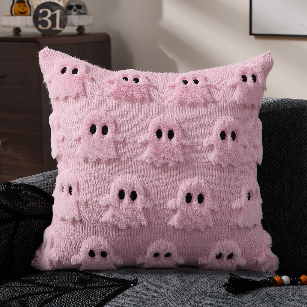 Halloween Pillow Covers 16x16 inch Set of 2 Pink Ghost Throw Pillow Cases Soft Plush Faux Fur Wool Couch Cushion Case