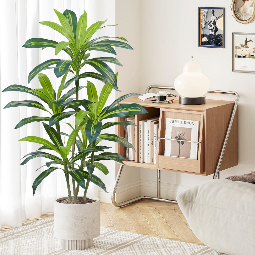 4Ft Dracaena Plant Artificial Tree Fake Tropical Floor Plants Potted (Real Touch) Artificial Silk Tree Faux Trees