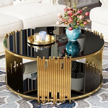 Luxury Black and Gold Coffee Table, 36" Round Glass Top with Stainless Steel Base, Modern Living Room Table