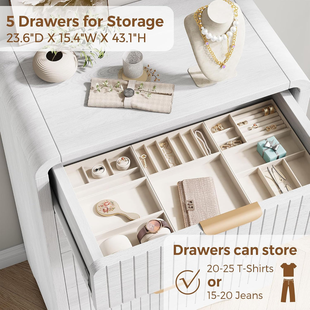 5 Drawer Dresser , Tall Chest of Drawers, Fluted Wood Dresser with Curved Profile Design, Modern Vertical Storage