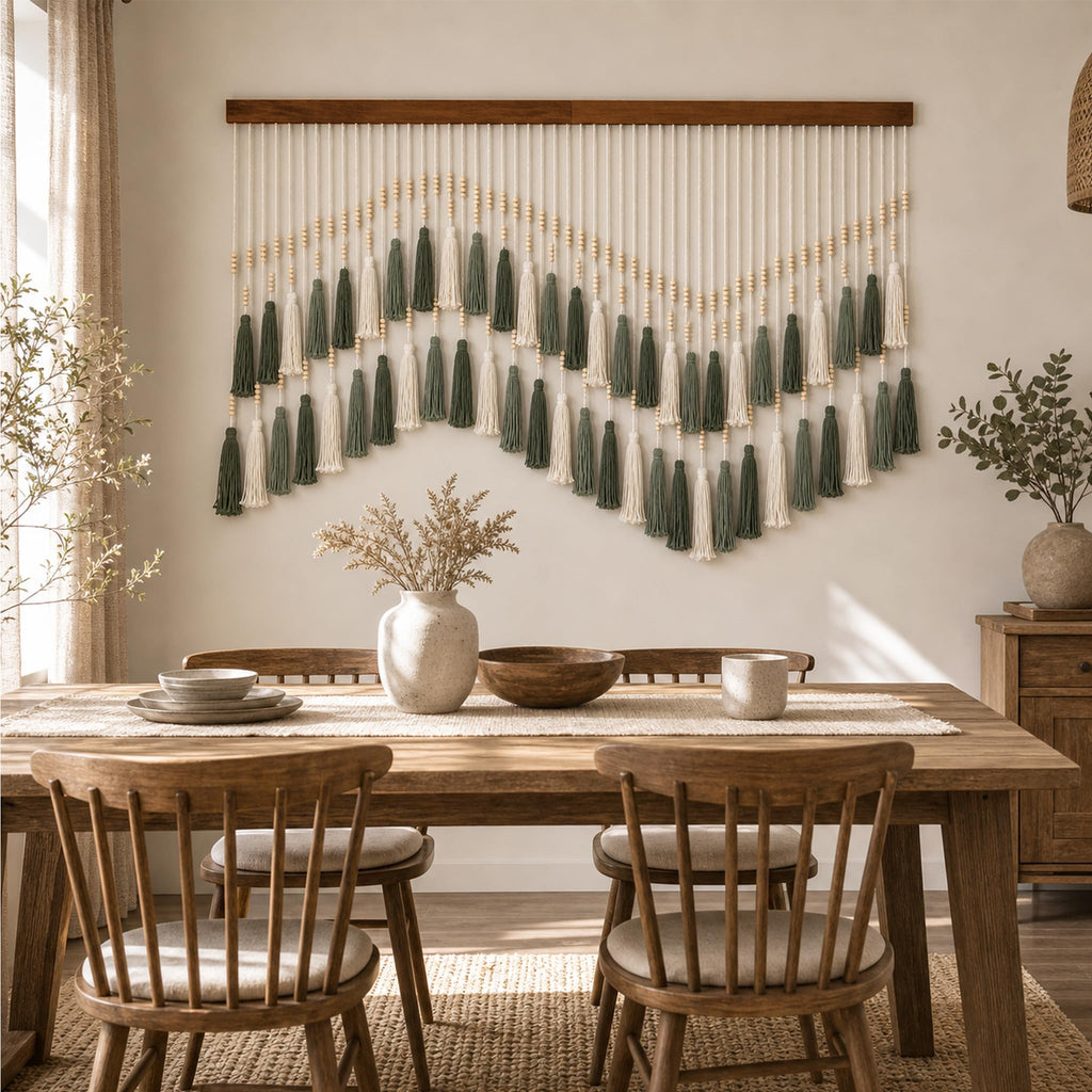 Large Boho Macrame Wall Hanging 59×37", Farmhouse Hanging Green & White