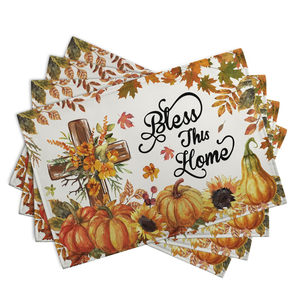 Fall Cross Pumpkin Placemats Set of 4 Autumn Thanksgiving Harvest Sunflower Maple Leaf Orange Linen Table Mats