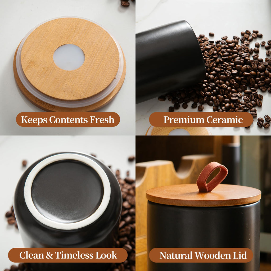 Black Ceramic Canister & Jar Set, Airtight Bamboo Lids 3-Piece