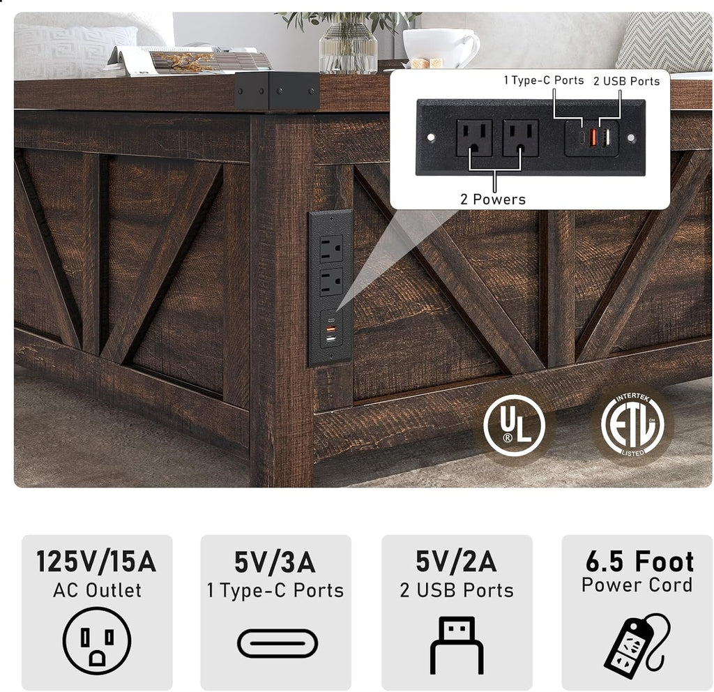 Farmhouse Lift Top Coffee Table with Storage, Wood Square Center Table with Charging Station&USB Port