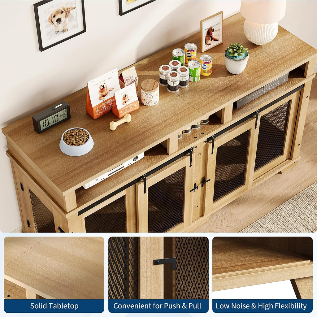 71'' Dog Crate Furniture for 2 Dogs, Extra Large Double Dog Kennel Indoor with Removable Divider and Storage Drawers