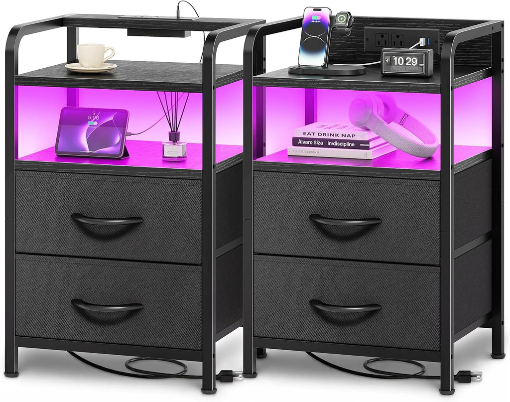 Nightstands Set of 2, Night Stand with LED Lights, Charging Station and USB-C Ports, 2 Drawers Bed Side Table, Open