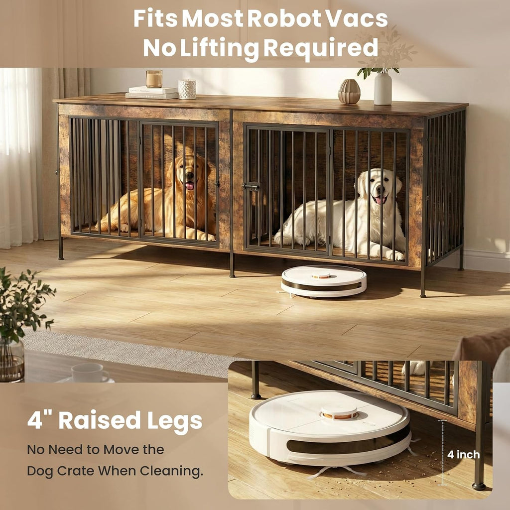 Dog Crate Furniture 78" Heavy Duty for 2 Large Dog, Sturdy Indoor Dog Kennel Table with 3 Doors, Elevated Robot