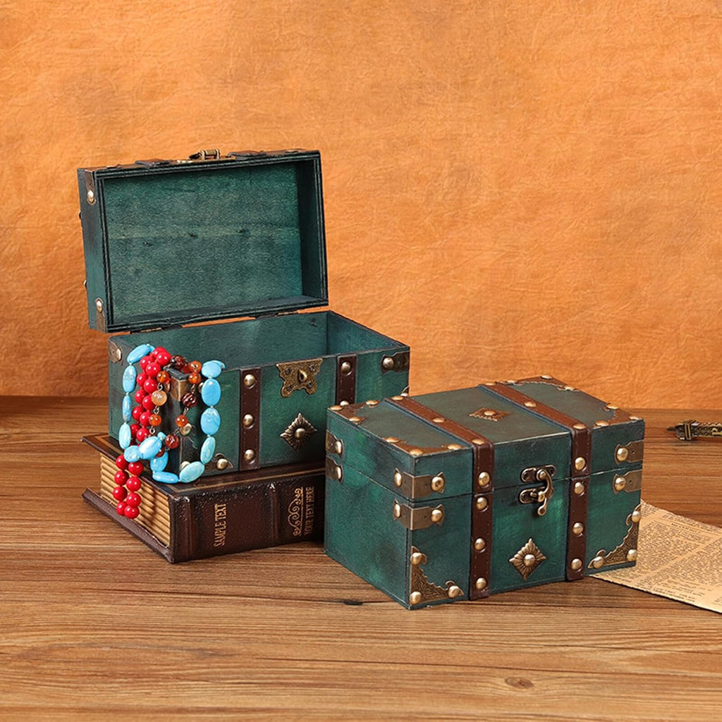 Vintage Wooden Treasure Chest Box with Lock Small Rectangle Antique Wood Jewelry Storage Boxes European Decorative