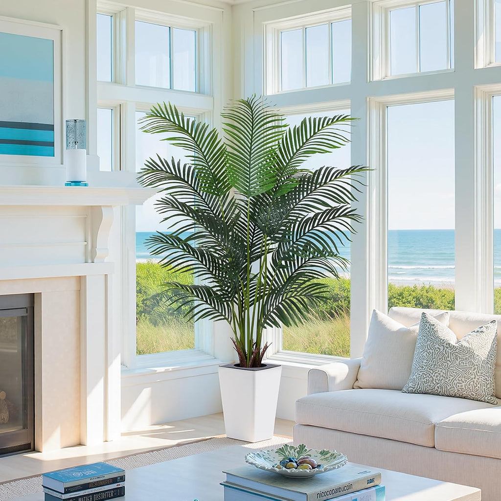 Artificial Palm Tree with White Tall Planter, 6ft Tall Potted Artificial Silk Palm Tree Plant, Fake Tropical Plant