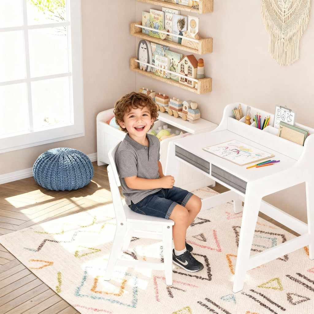 Wooden Kids Desk and Chair Set with 2 Fabrics Drawers for Study Room