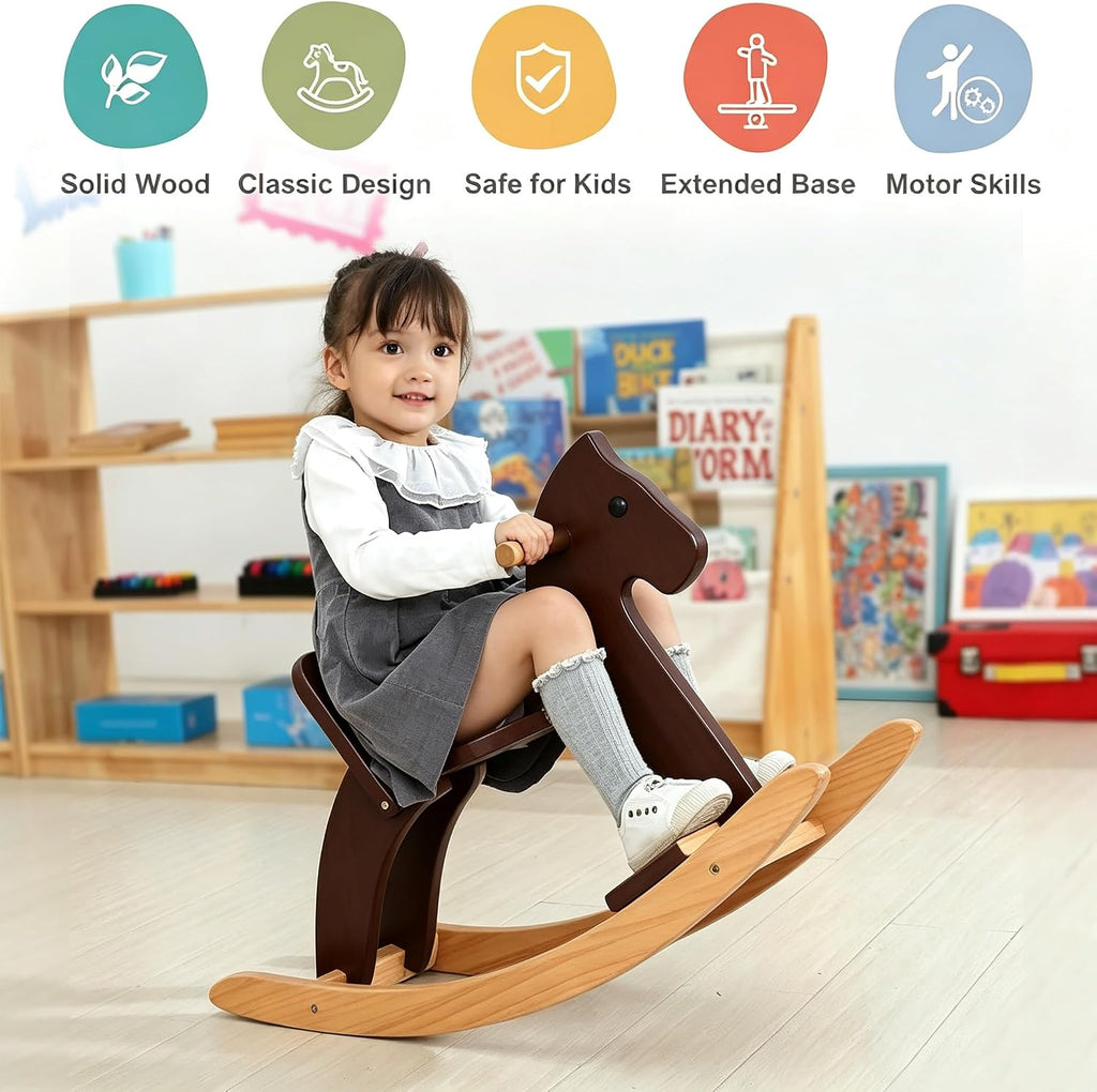 Wooden Rocking Horse, Boy and Girs Ride-On Toy with Foot Pedal