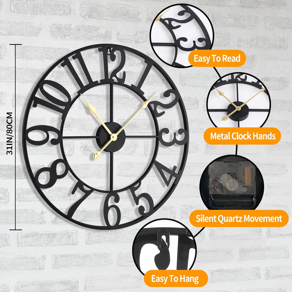 31 Inch Extra Large Wall Clock, Retro Decorative Oversized Silent Little Ticking Battery Operated,Black Metal