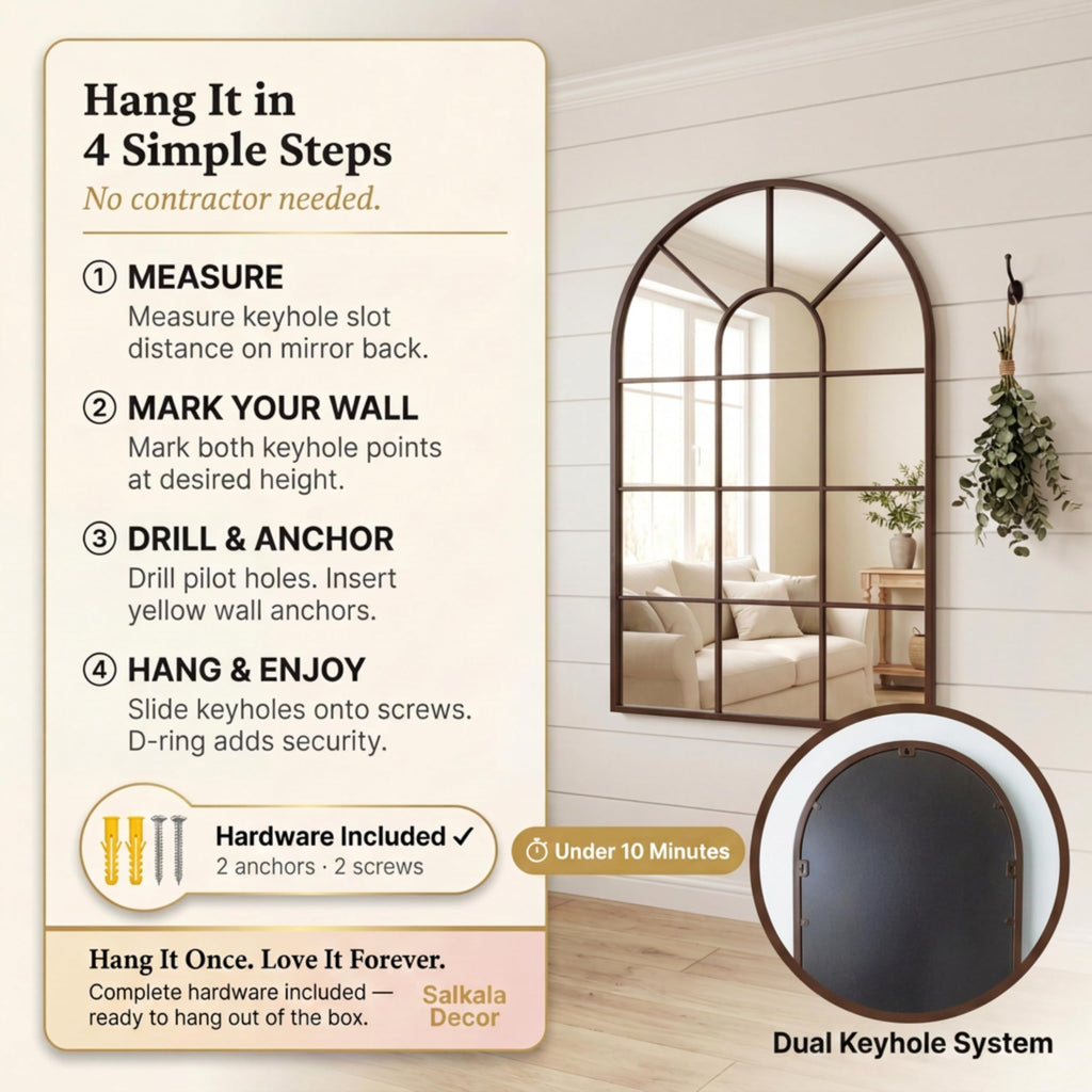 Brown Framed 48x28Inch Arched Window Pane Mirror| Arched Mirrors for Wall & Floor | Arch Mirror Full Length Living