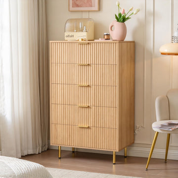 Fluted 5 Drawers Bedroom Dresser, 48" Tall Chest of Drawers Gold Handle, Oak