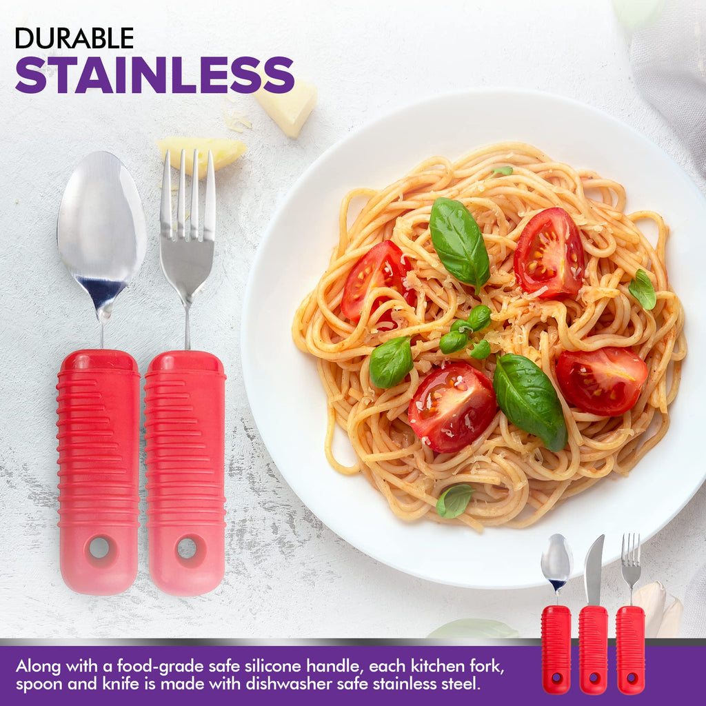 3 Piece Easy Grip Red Utensil Set - Bendable Fork, and Spoon, Strong Knife