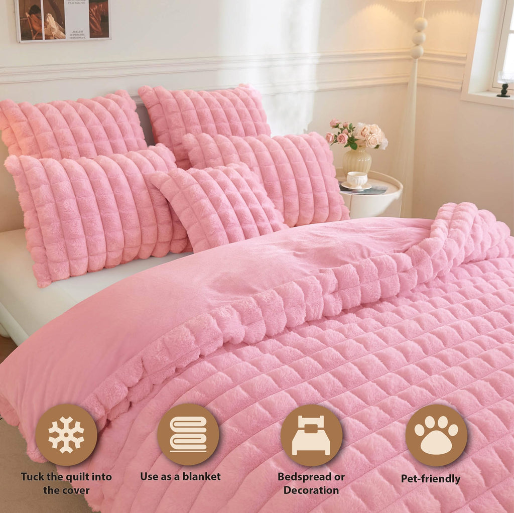 Fluffy Bubble Faux Rabbit Fur Duvet Cover Set 3 PCS, Pink