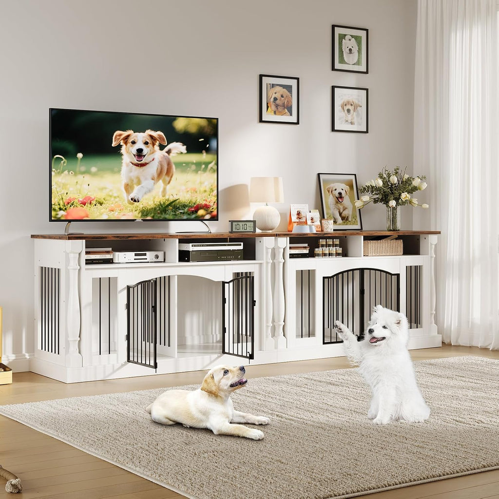 63" Large Dog Crate Furniture for Small & Medium Dogs, Roman Column Kennel Furniture with Semi-Open Storage, TV Stand