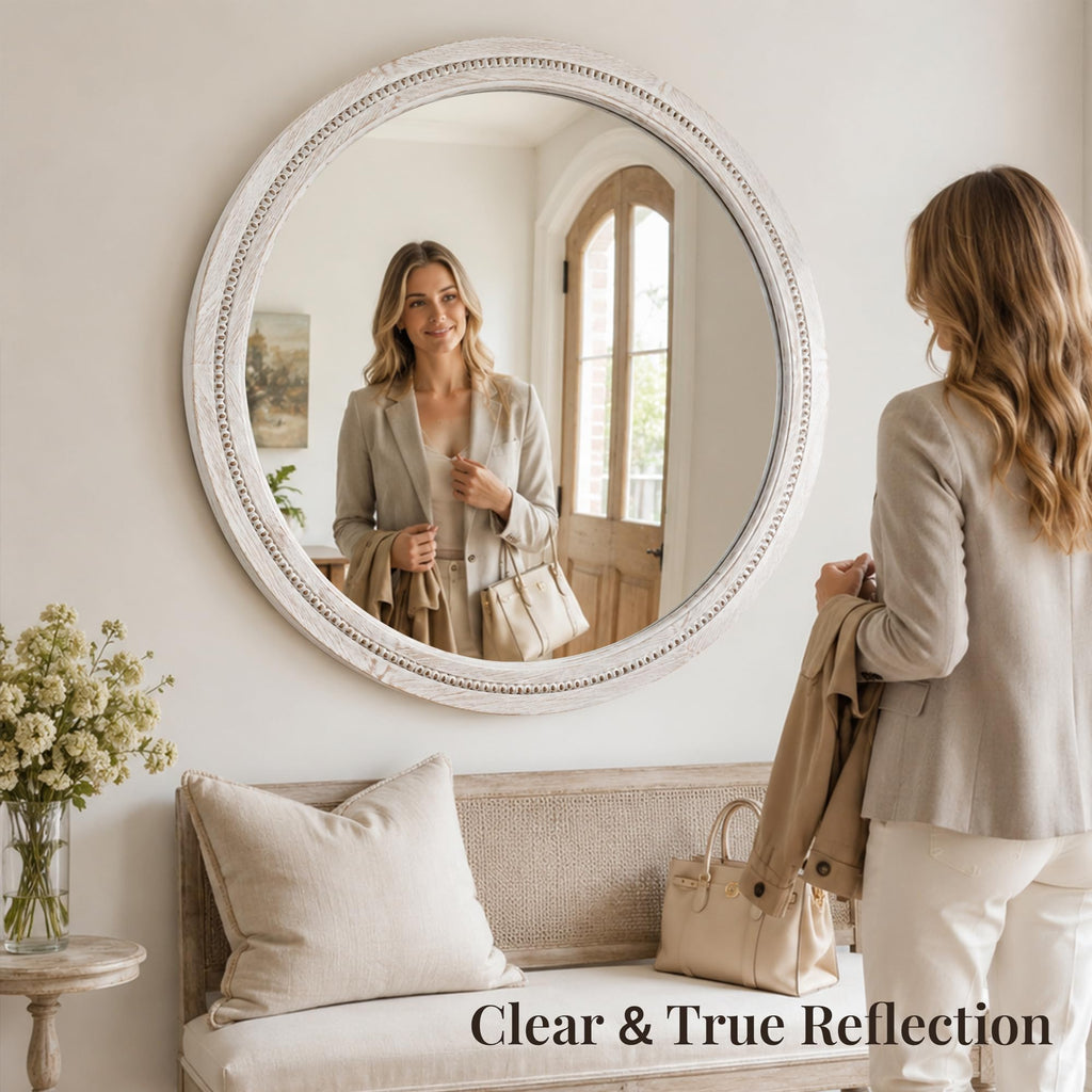 Solid Wood 36 Inch Round Beaded Wall Decor Mirror, Distressed White