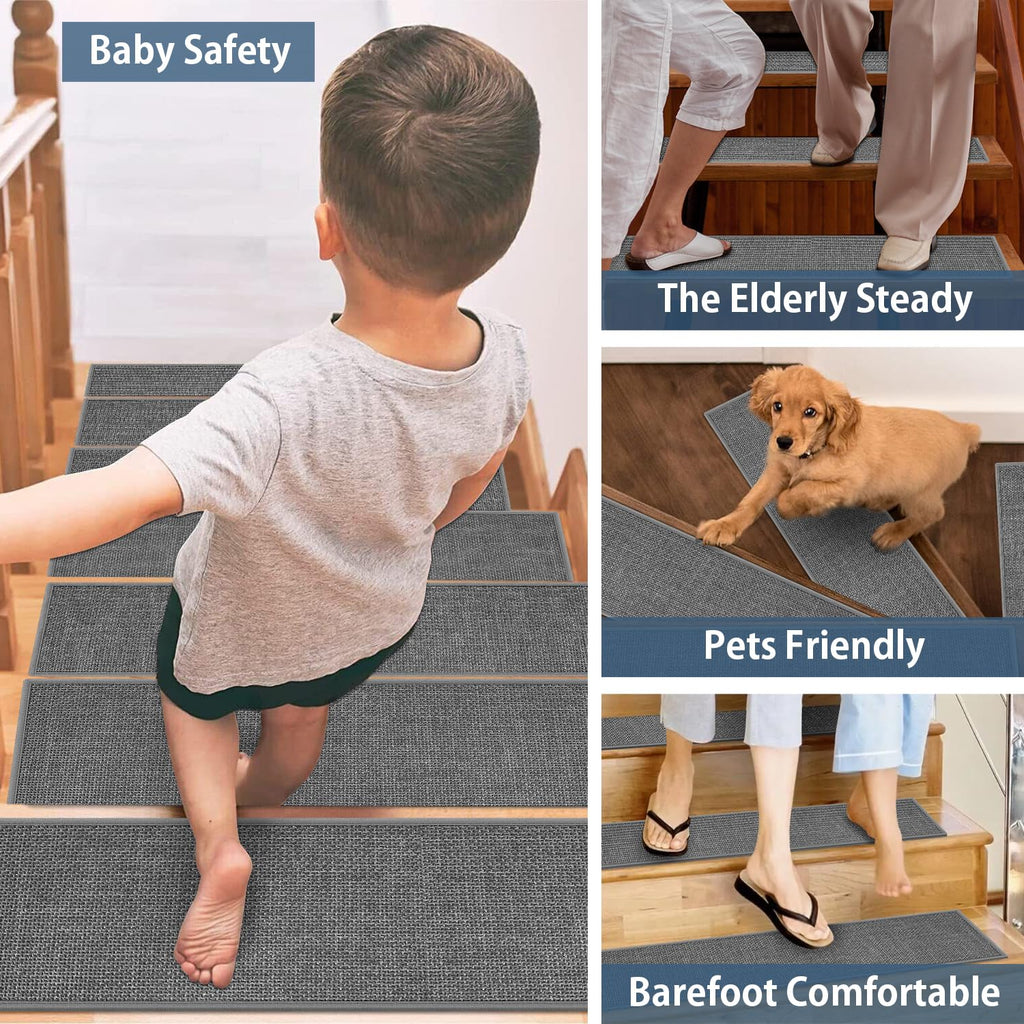 Peel and Stick Carpet Stair Treads for Wooden Steps Set of 15, Non Slip Adhesive Jute Stair Mats Indoor, Rubber