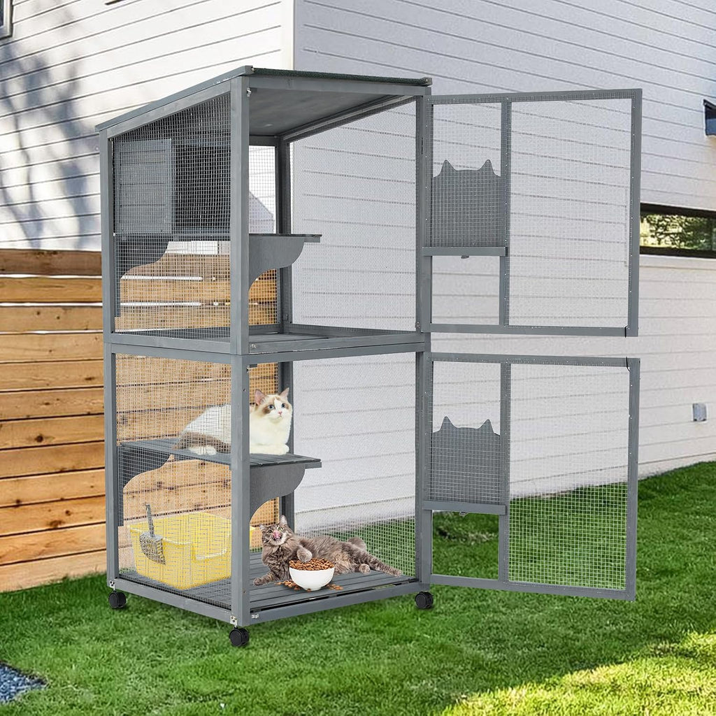 69 in Wooden 4-Tier Cat Catio Enclosure - Indoor/Outdoor Cat Playpen