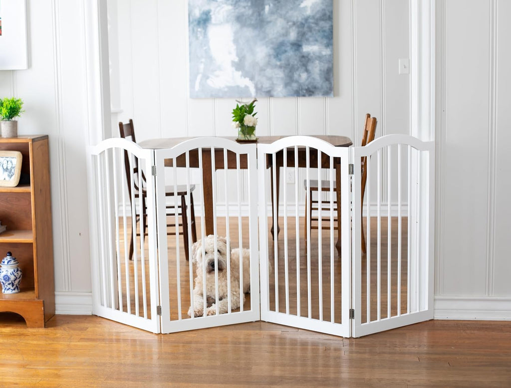 Arched Top Dog Gate | 4 Panel, 36" H Wooden Pet Barrier for Dogs or Cats | Freestanding Folding Room Divider