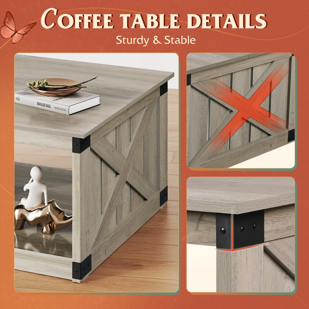 Coffee Table, Farmhouse Coffee Table with Open Storage, 31.5" Wood Square Living Room Tables, Rustic Dining Cocktail