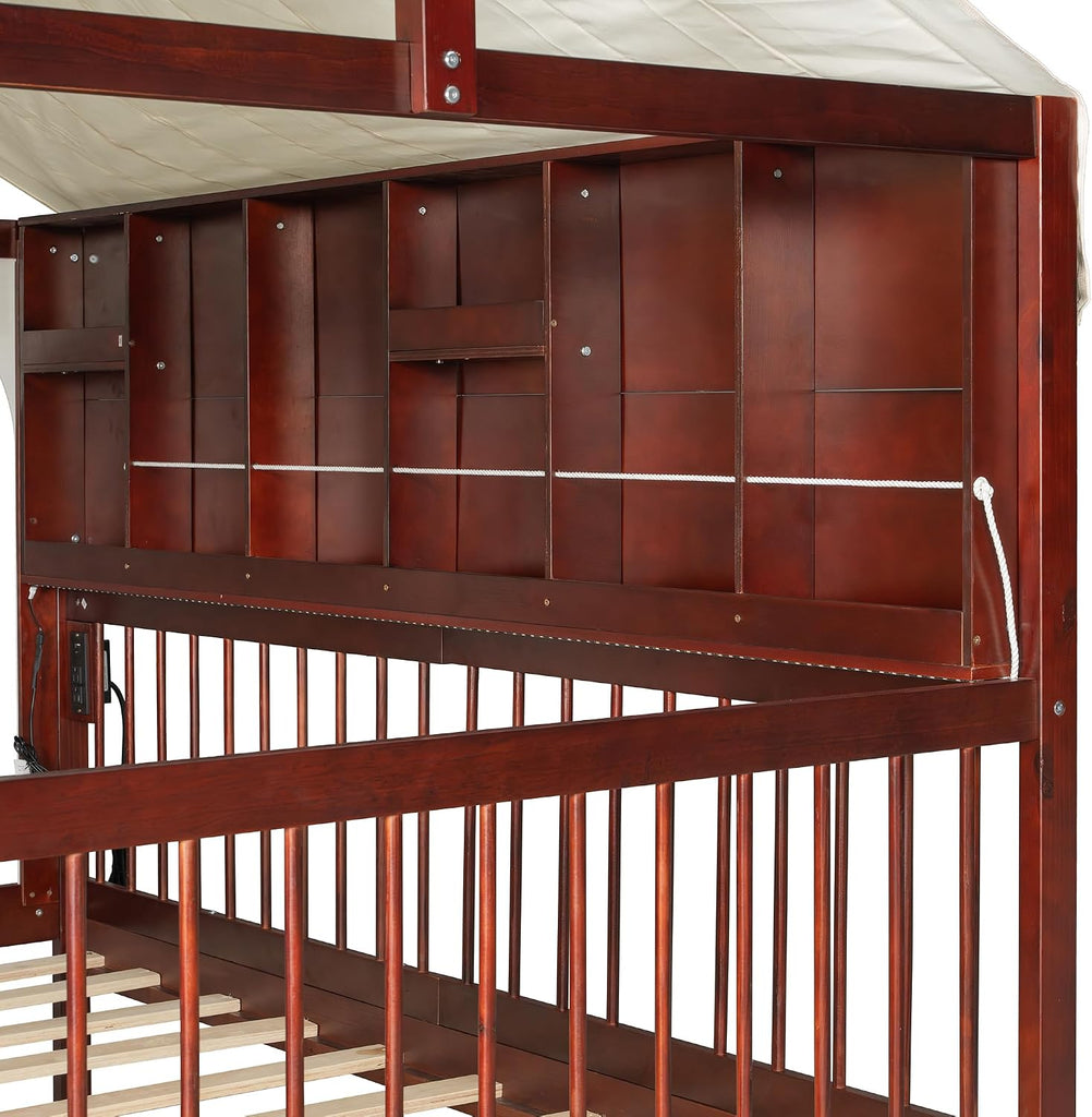 House Bed with 2 Large Drawers and Side Bookshelf, Espresso