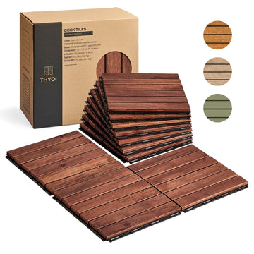 Premium Deck Tiles, Patio Flooring - Set 10 Pcs 12”x12”x0.9” Interlocking Deck Tiles, Waterproof Acacia Wood for