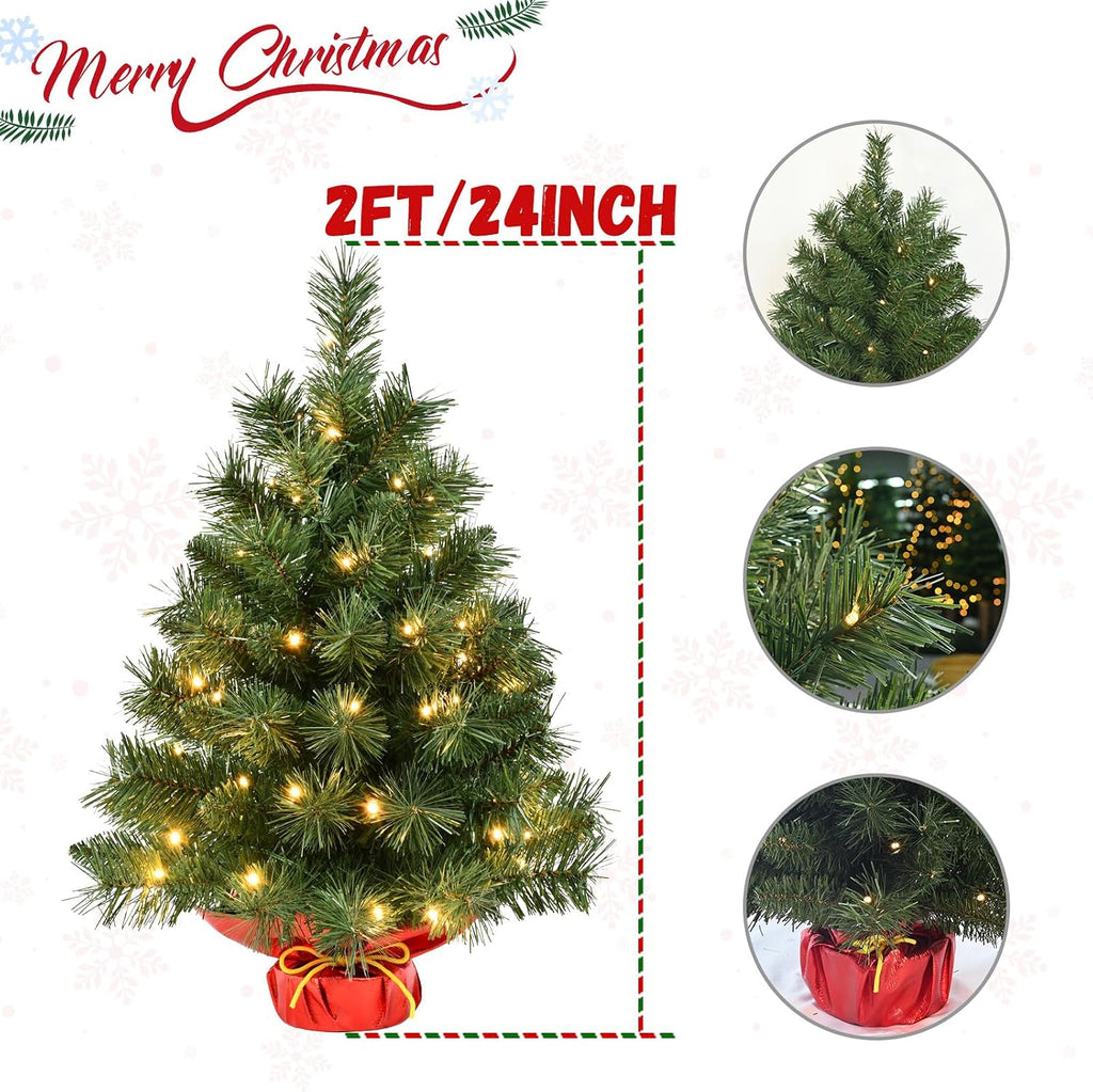 Pre-lit 2ft Small Christmas Tree, Artificial mini Christmas Tree with 50 LED Lights, Battery Operated Tabletop Xmas